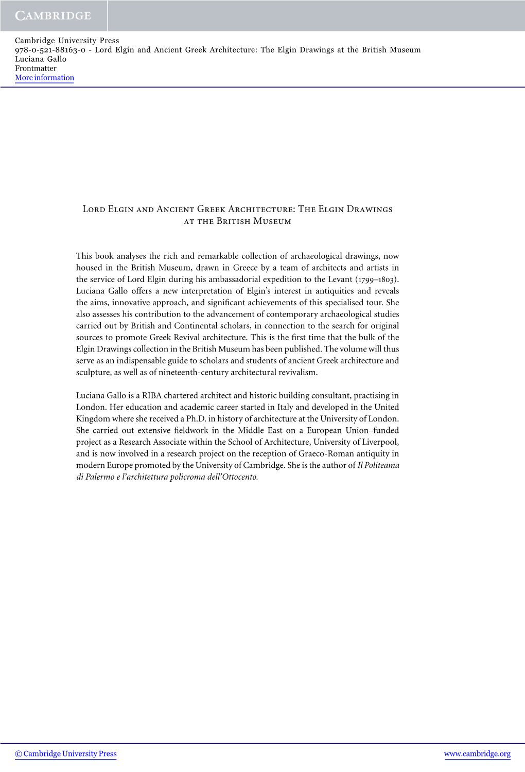 Lord Elgin and Ancient Greek Architecture: the Elgin Drawings at the British Museum Luciana Gallo Frontmatter More Information