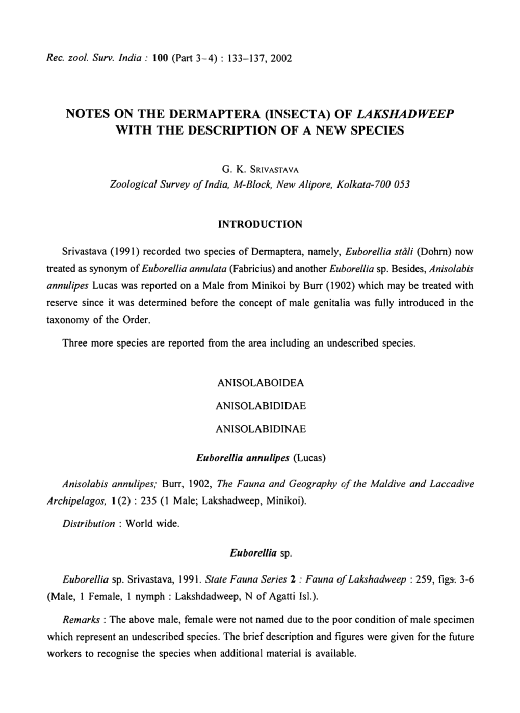 Notes on the Dermaptera (Insecta) of Lakshadweep with the Description of a Ne'w Species