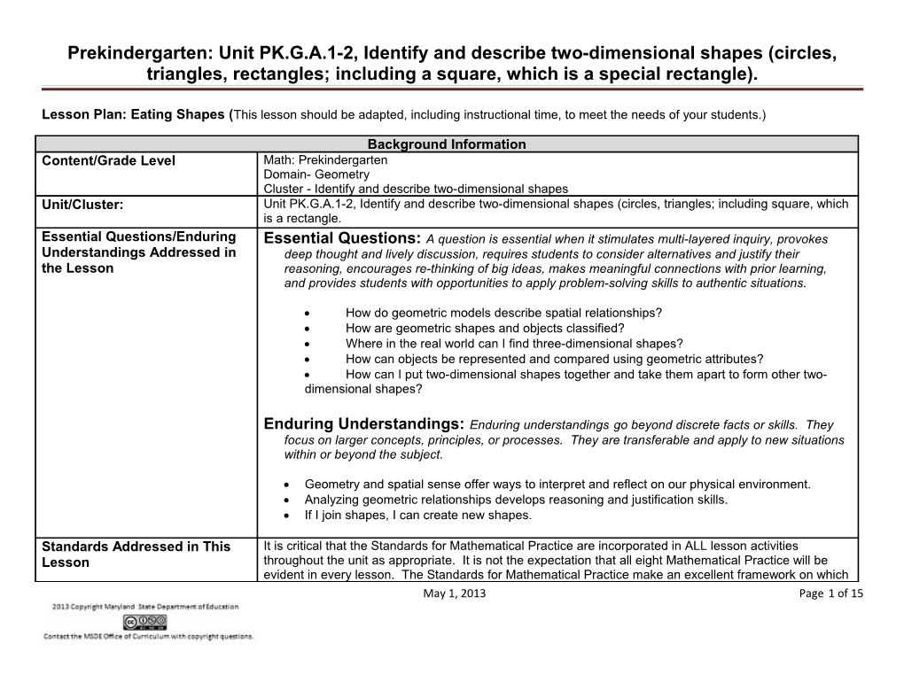 Prekindergarten: Unit PK.G.A.1-2, Identify and Describe Two-Dimensional Shapes (Circles