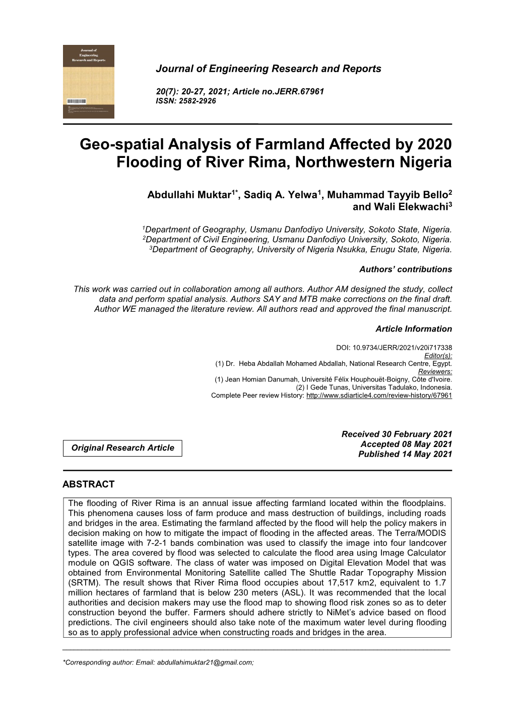 Geo-Spatial Analysis of Farmland Affected by 2020 Flooding of River Rima, Northwestern Nigeria