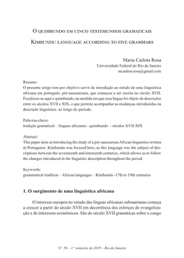 O Quimbundo Em Cinco Testemunhos Gramaticais Kimbundu Language According to Five Grammars
