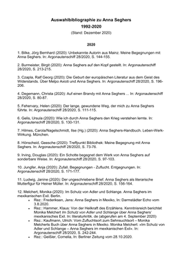 Auswahlbibliographie Zu Anna Seghers 1992-2020 (Stand: Dezember 2020)
