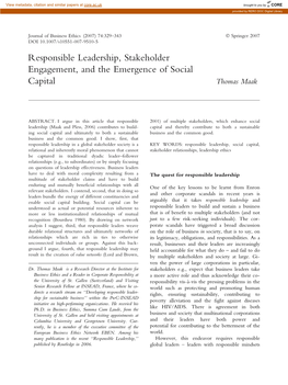 Responsible Leadership, Stakeholder Engagement, and the Emergence of Social Capital Thomas Maak