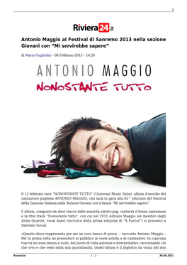 Antonio Maggio Al Festival Di Sanremo 2013 Nella Sezione Giovani Con “Mi Servirebbe Sapere”