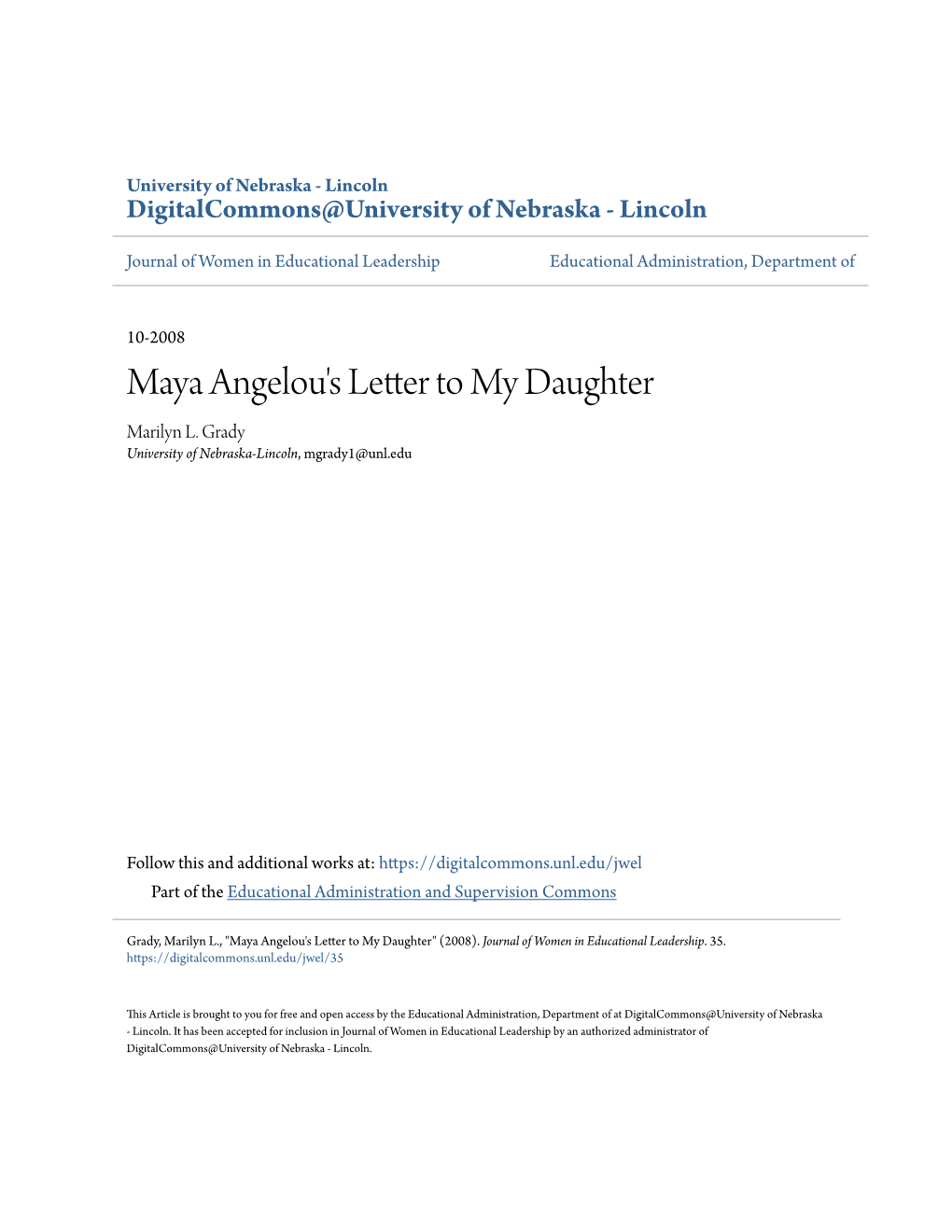 Maya Angelou's Letter to My Daughter Marilyn L