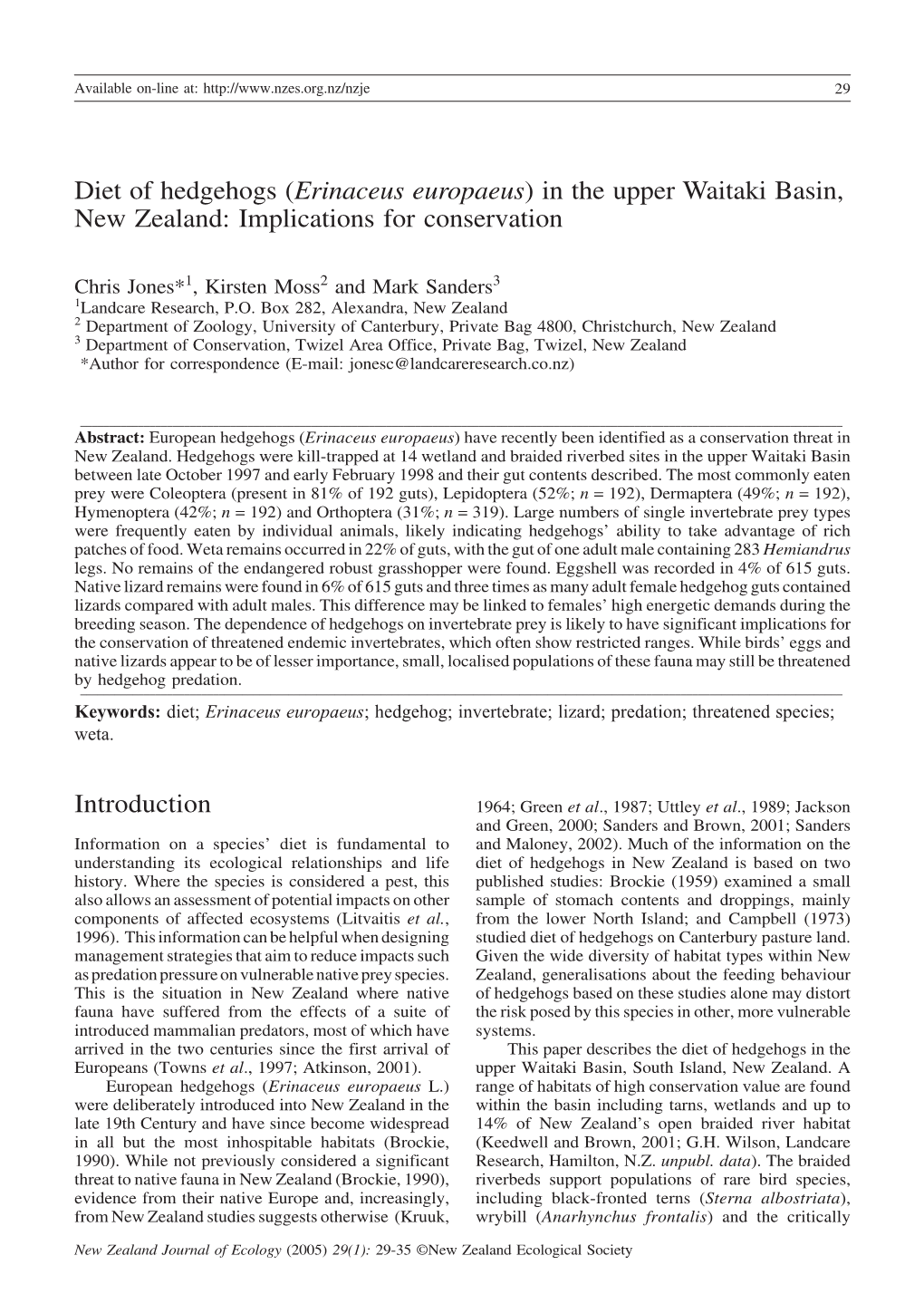 Diet of Hedgehogs (&lt;I&gt;Erinaceus Europaeus&lt;/I&gt;) in the Upper Waitaki