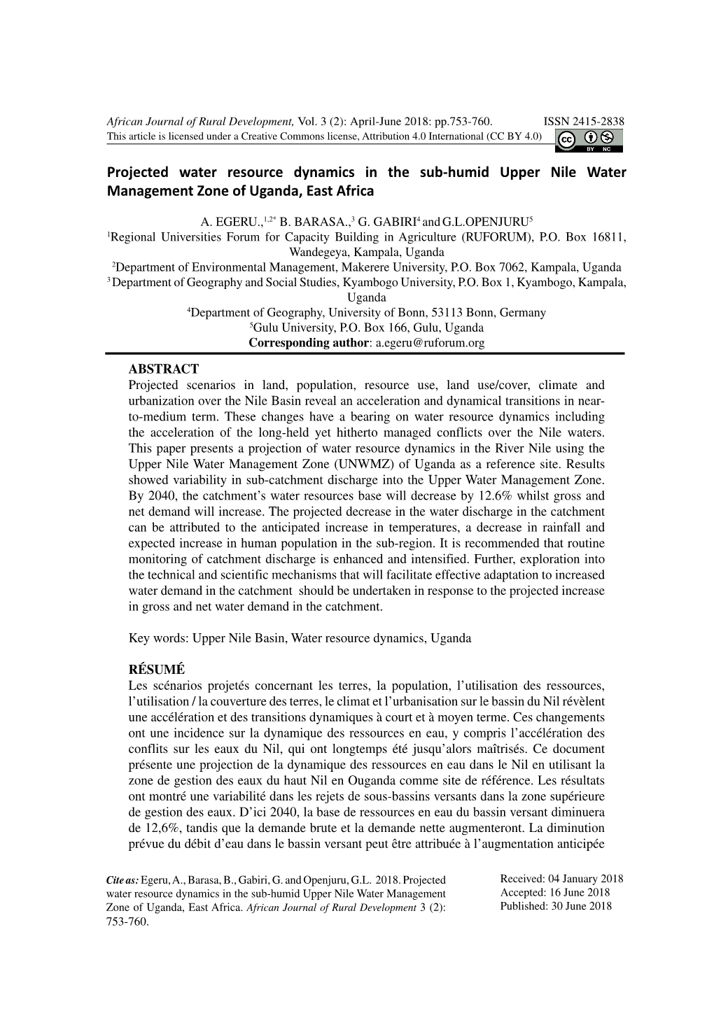 Projected Water Resource Dynamics in the Sub-Humid Upper Nile Water Management Zone of Uganda, East Africa