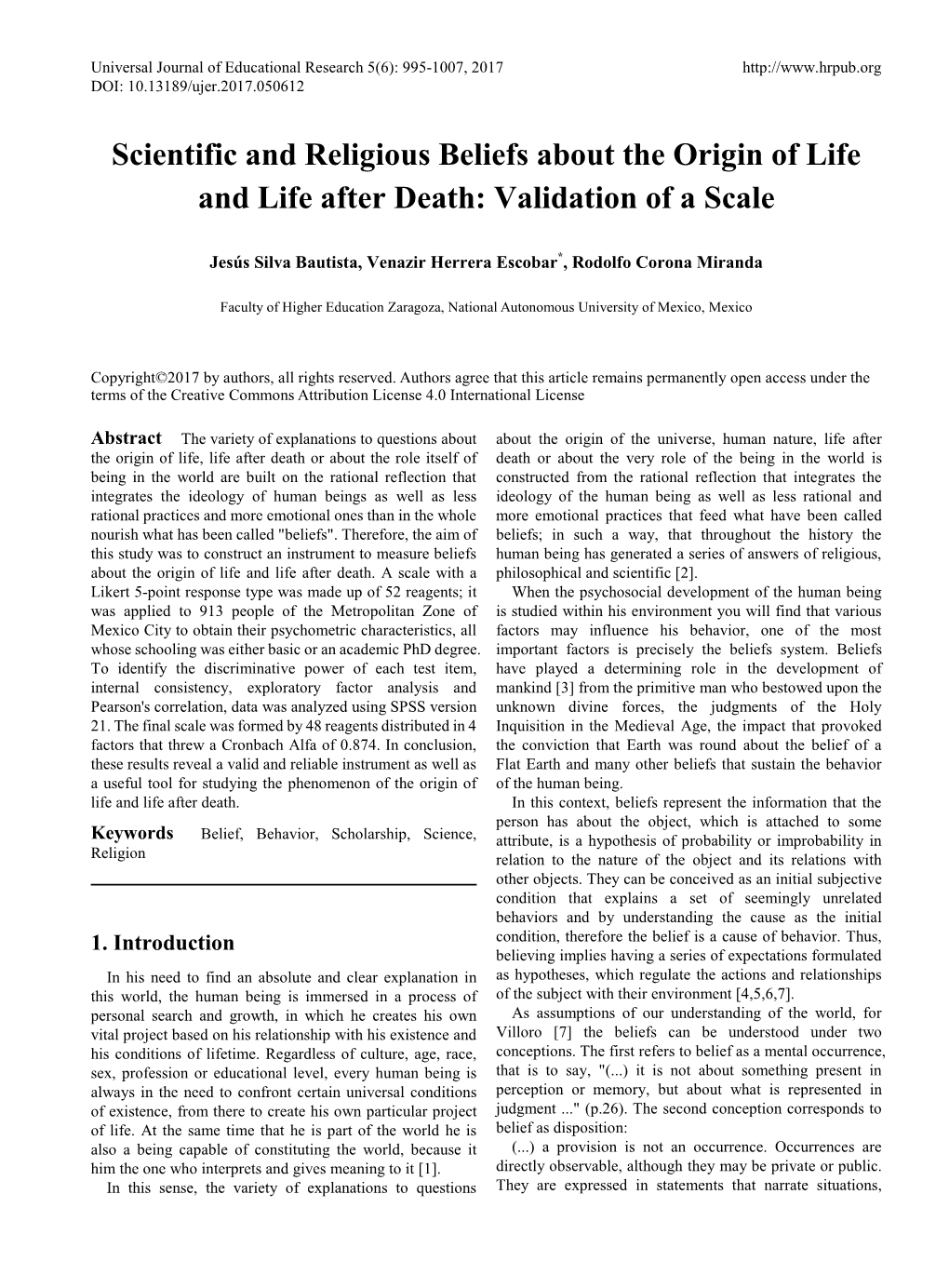 Scientific and Religious Beliefs About the Origin of Life and Life After Death: Validation of a Scale