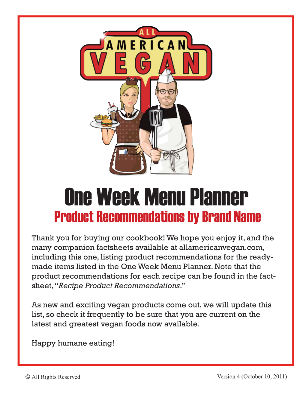 One Week Menu Planner Product Recommendations by Brand Name