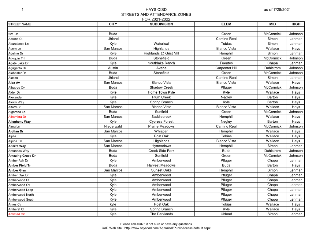 1 Hays Cisd Streets and Attendance Zones for 2021
