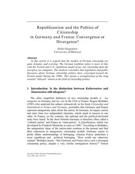 Republicanism and the Politics of Citizenship in Germany and France: Convergence Or Divergence?