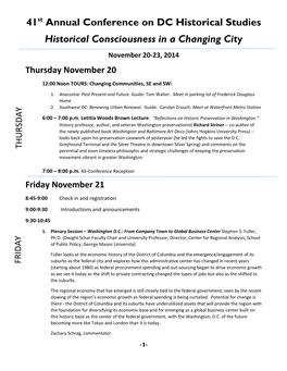 41St Annual Conference on DC Historical Studies Historical Consciousness in a Changing City November 20-23, 2014 Thursday November 20