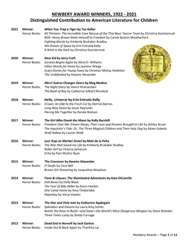NEWBERY AWARD WINNERS, 1922 - 2021 Distinguished Contribution to American Literature for Children