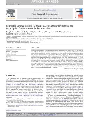 Fermented Camellia Sinensis, Fu Zhuan Tea, Regulates Hyperlipidemia and Transcription Factors Involved in Lipid Catabolism