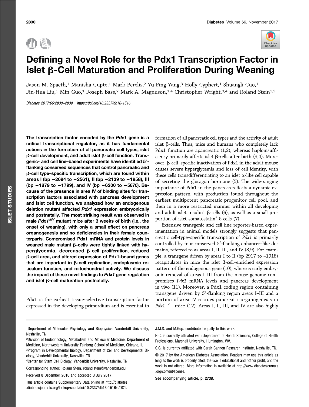 Defining a Novel Role for the Pdx1 Transcription Factor in Islet Β-Cell