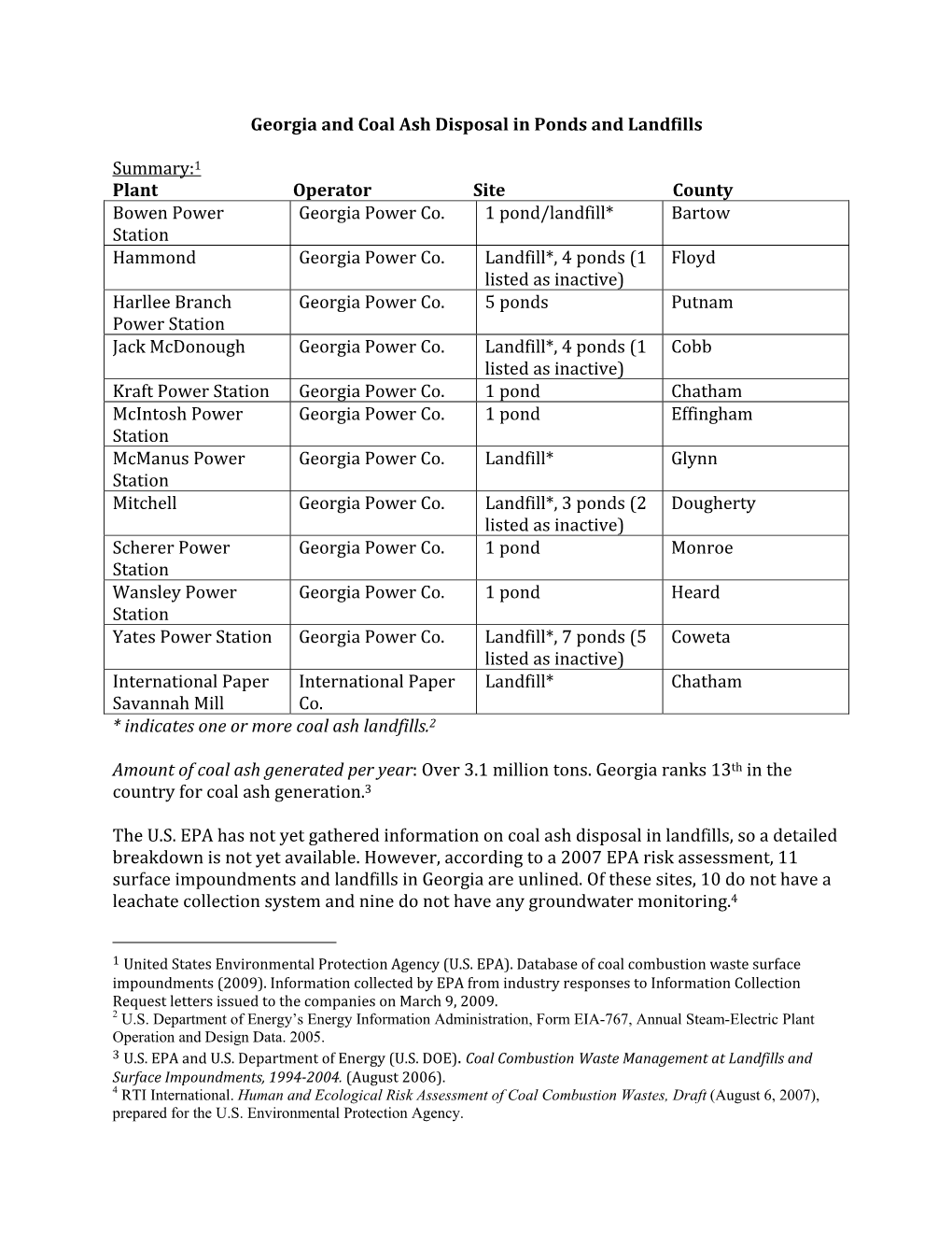 Georgia and Coal Ash Disposal in Ponds and Landfills