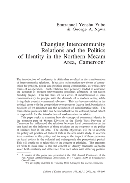 Changing Intercommunity Relations and the Politics of Identity in the Northern Mezam Area, Cameroon*