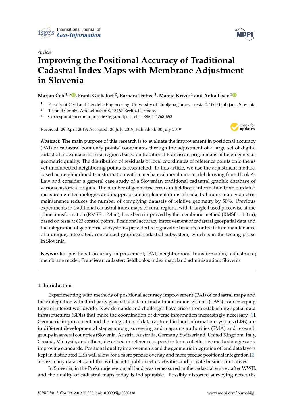 Improving the Positional Accuracy of Traditional Cadastral Index Maps with Membrane Adjustment in Slovenia