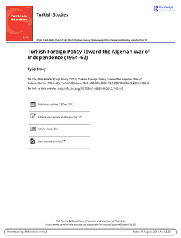 Turkish Foreign Policy Toward the Algerian War of Independence (1954–62)