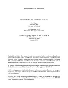 Nber Working Paper Series Monetary Policy According