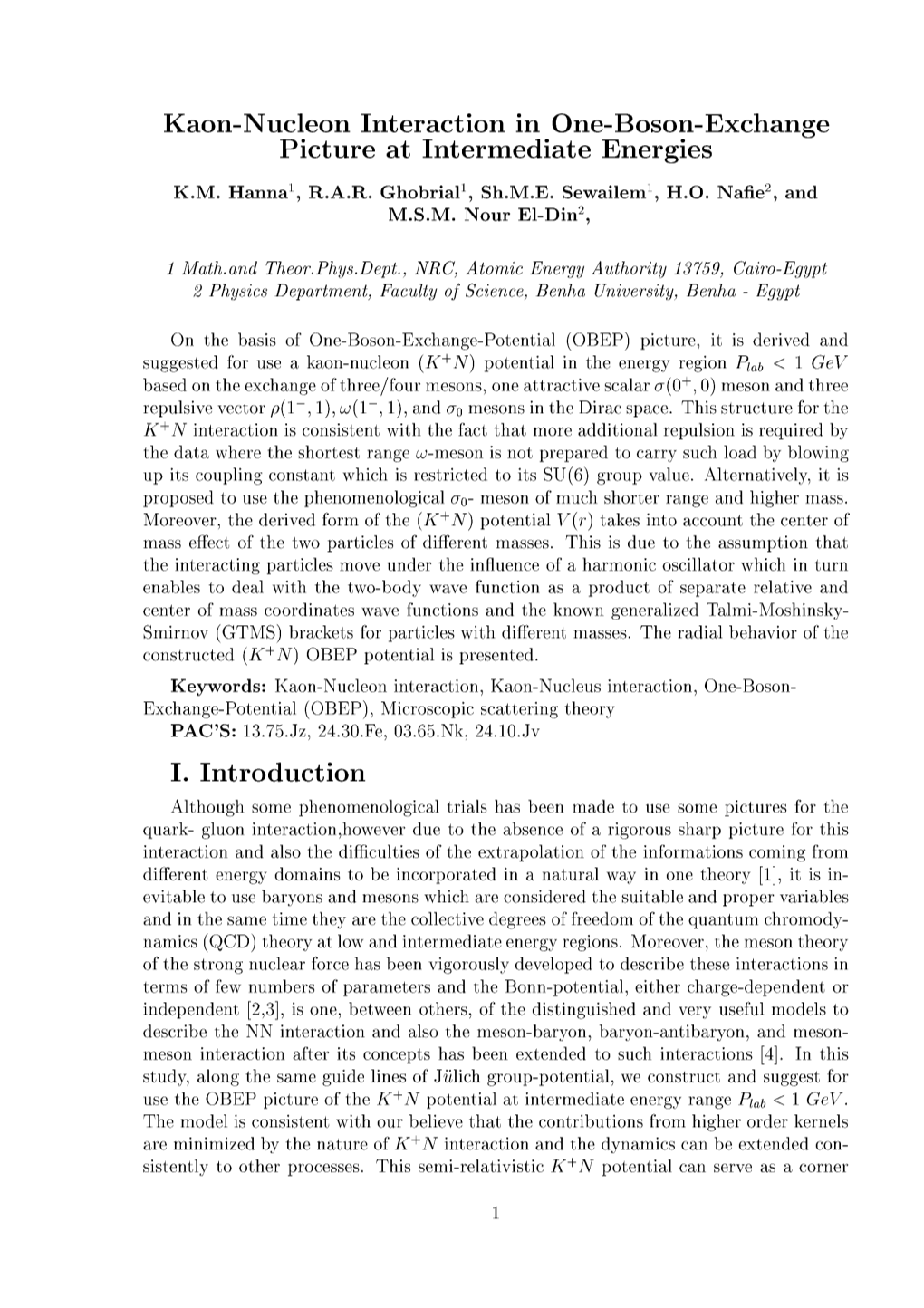 Kaon-Nucleon Interaction in One-Boson-Exchange Picture at Intermediate Energies