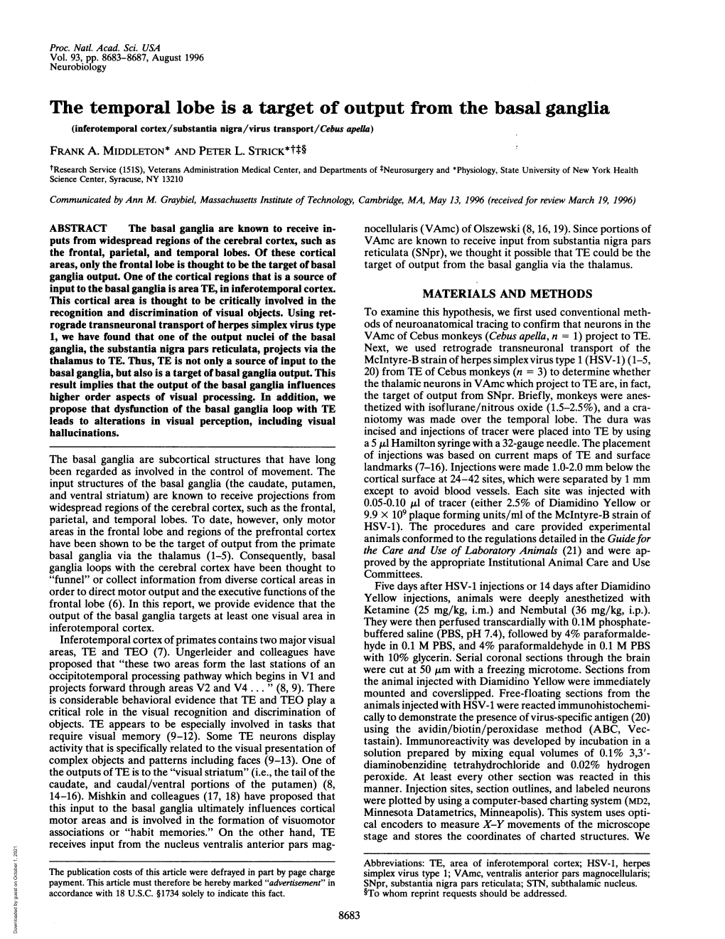 The Temporal Lobe Is a Target of Output from the Basal Ganglia (Inferotemporal Cortex/Substantia Nigra/Virus Transport/Cebus Apeula) FRANK A