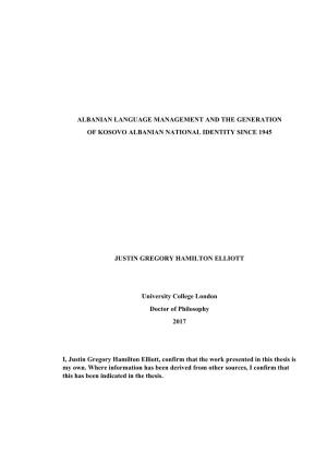 Albanian Language Management and the Generation of Kosovo Albanian National Identity Since 1945