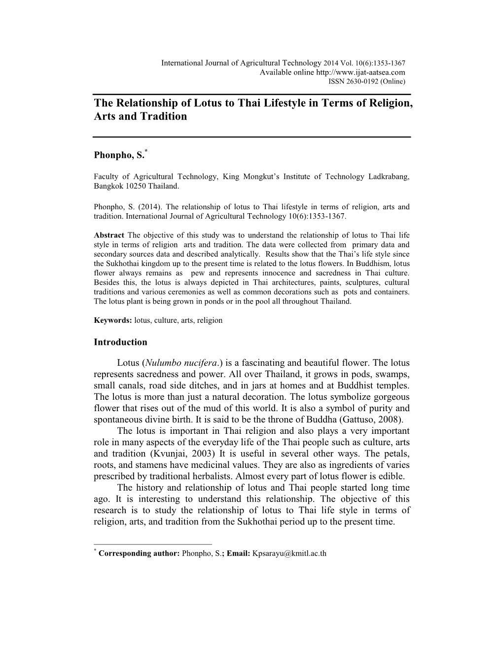 The Relationship of Lotus to Thai Lifestyle in Terms of Religion, Arts and Tradition. International Journal of Agricultural Technology 10(6):1353-1367