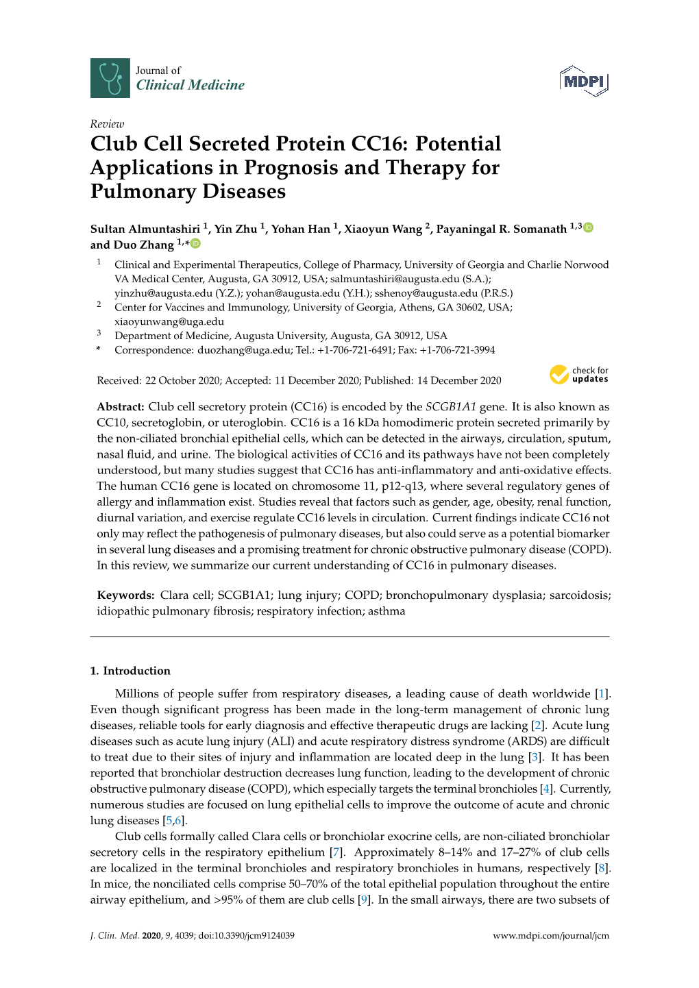 Club Cell Secreted Protein CC16: Potential Applications in Prognosis and Therapy for Pulmonary Diseases