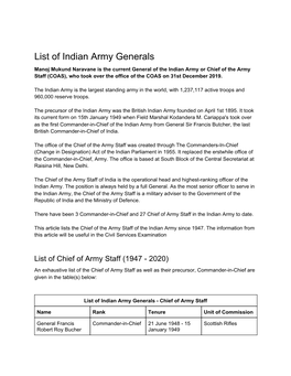 List of Indian Army Generals