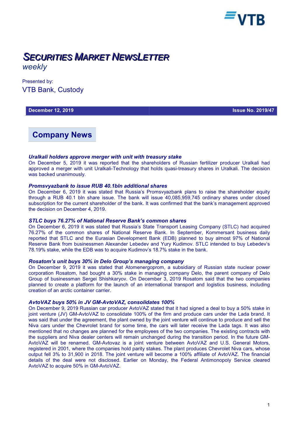 Company News SECURITIES MARKET NEWS LETTER Weekly