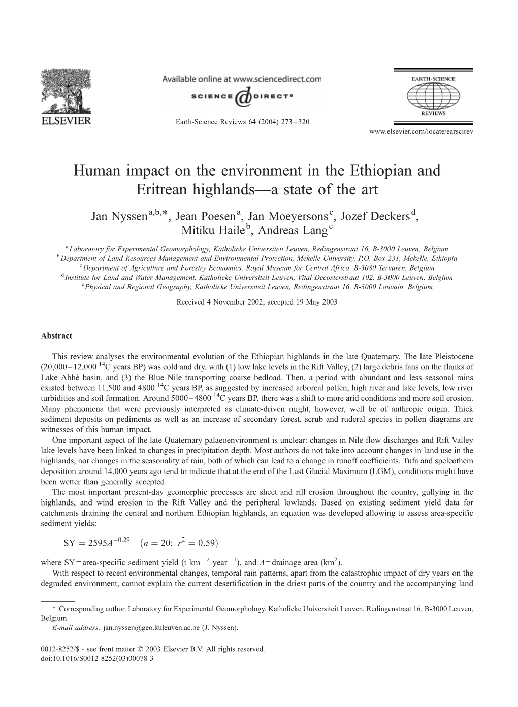 Human Impact on the Environment in the Ethiopian and Eritrean Highlands—A State of the Art