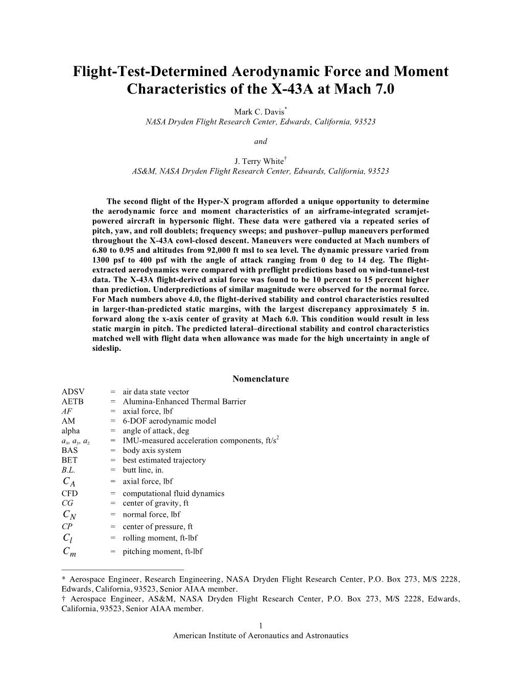 Flight-Test-Determined Aerodynamic Force and Moment Characteristics of the X-43A at Mach 7.0