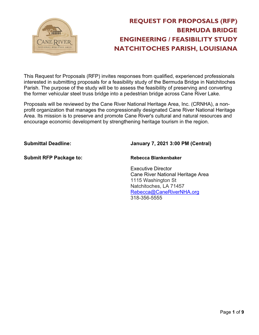 (Rfp) Bermuda Bridge Engineering / Feasibility Study Natchitoches Parish, Louisiana