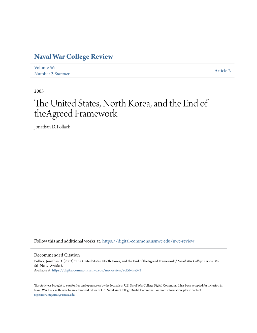 The United States, North Korea, and the End of Theagreed Framework