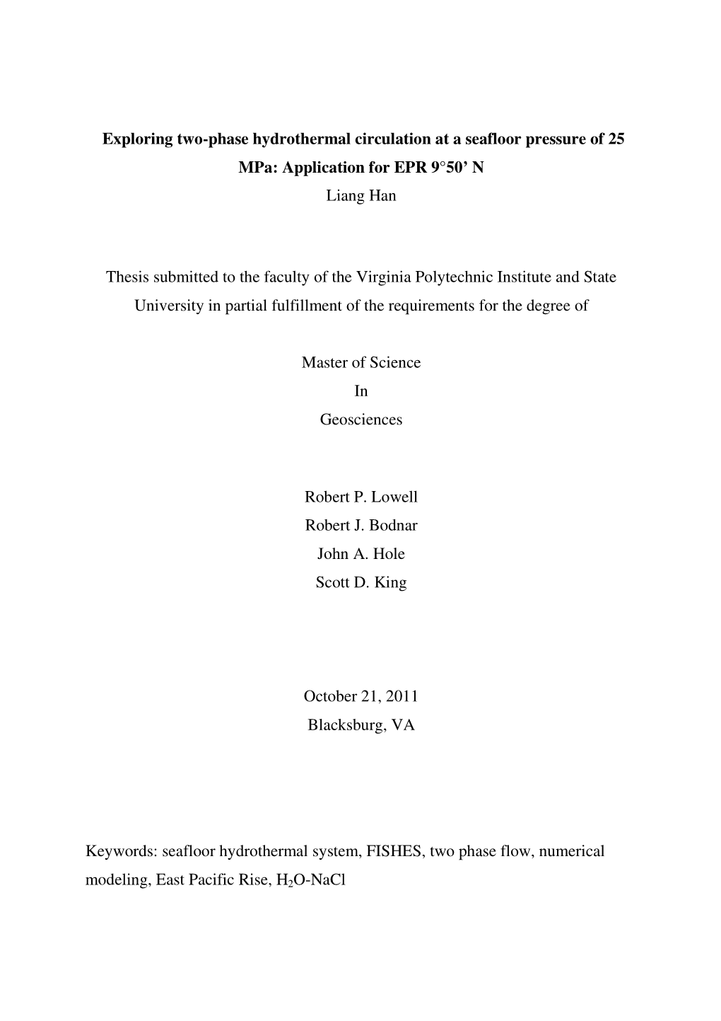 Exploring Two-Phase Hydrothermal Circulation at a Seafloor Pressure of 25 Mpa: Application for EPR 9°50’ N Liang Han