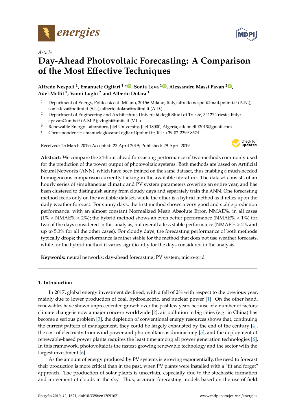 Day-Ahead Photovoltaic Forecasting: a Comparison of the Most Effective Techniques