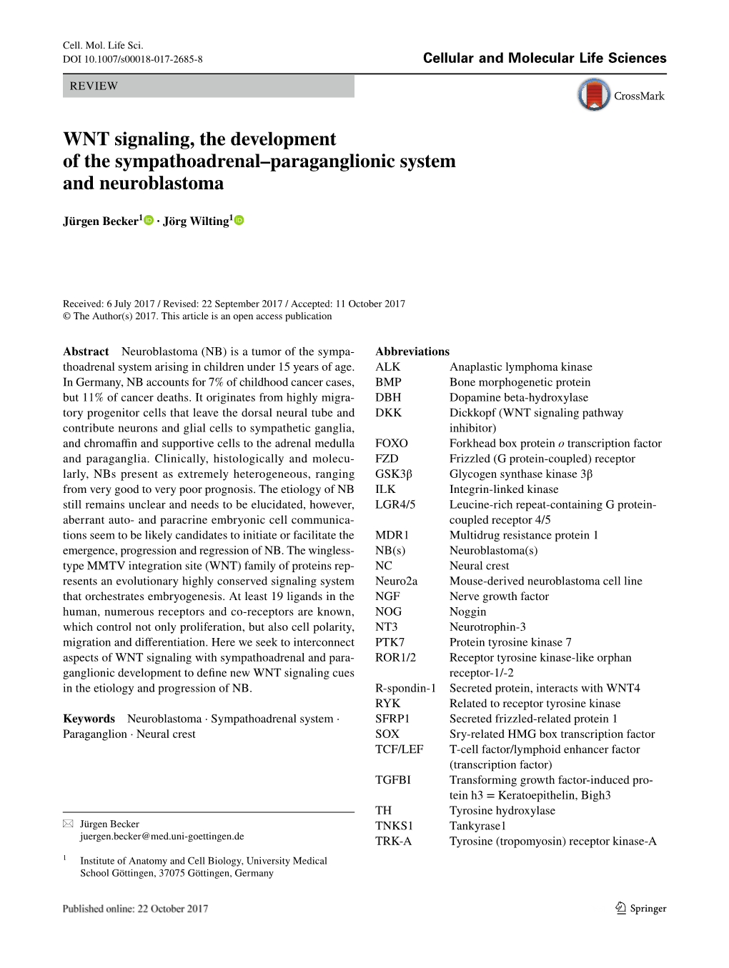 WNT Signaling, the Development of the Sympathoadrenal–Paraganglionic System and Neuroblastoma