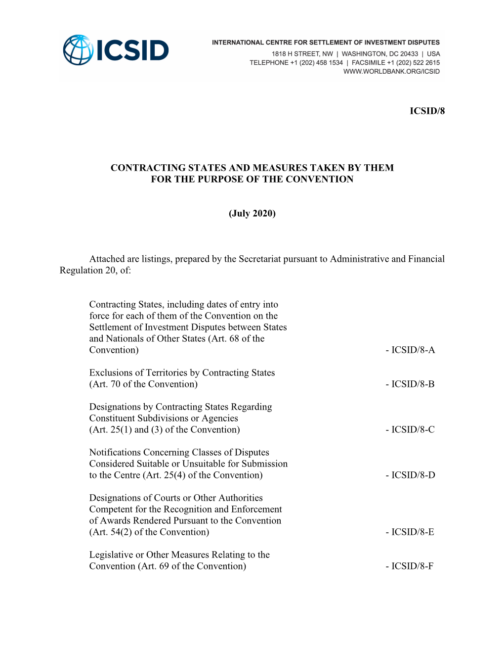 Icsid/8 Contracting States and Measures Taken By