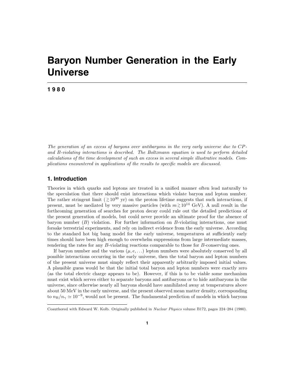 Baryon Number Generation in the Early Universe