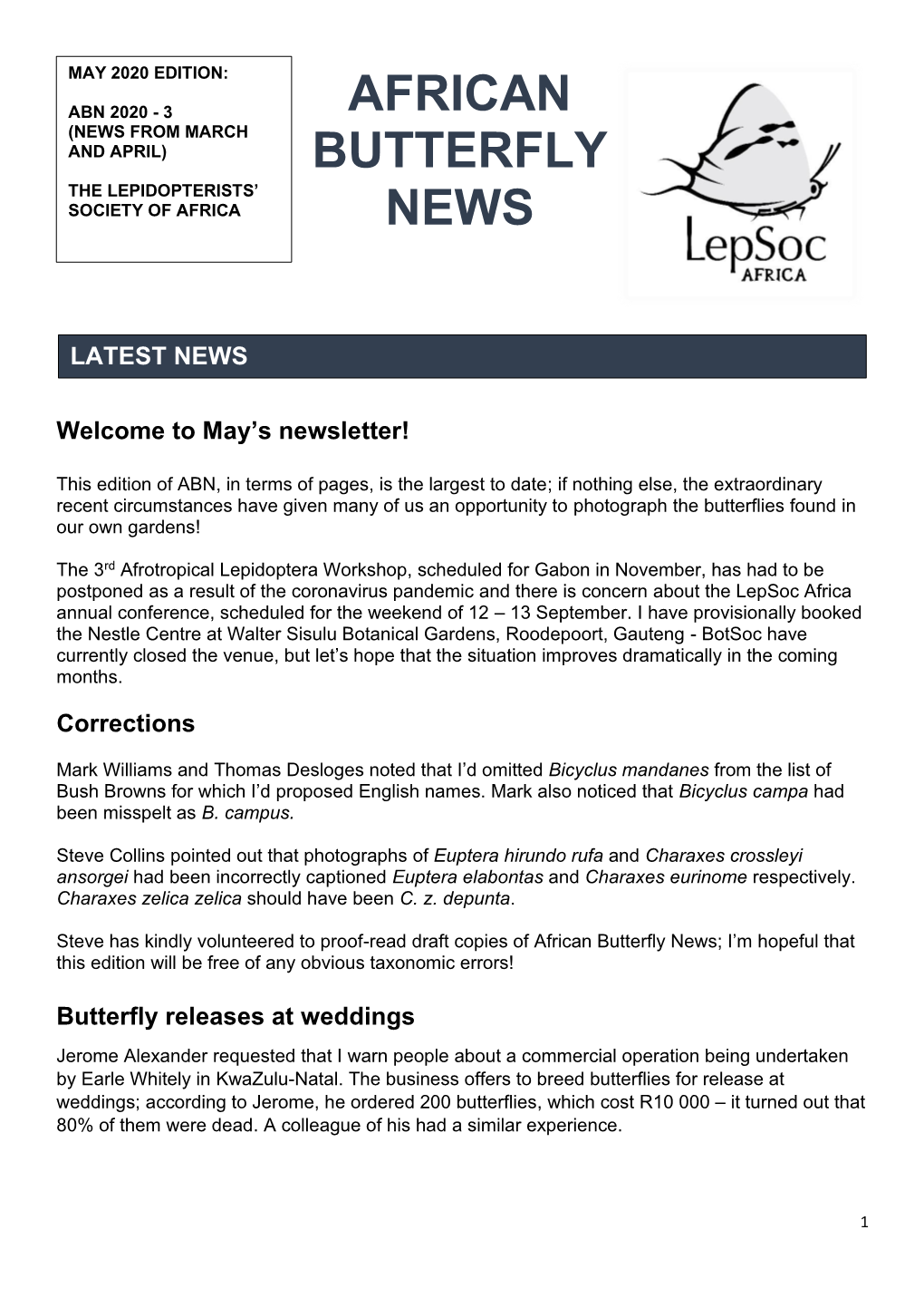 African Butterfly News; I’M Hopeful That This Edition Will Be Free of Any Obvious Taxonomic Errors!