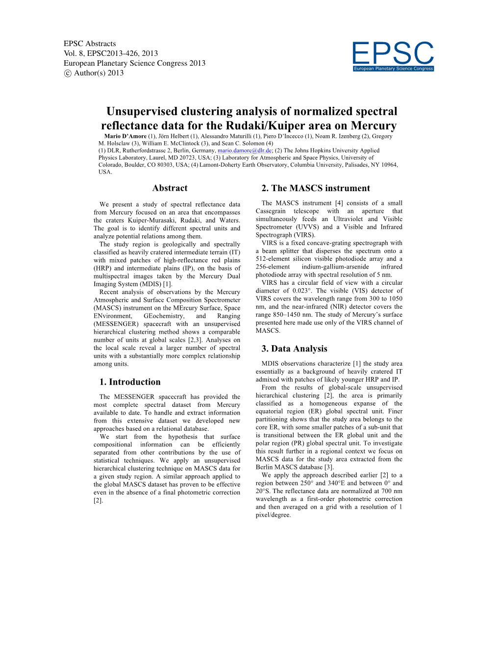 Unsupervised Clustering Analysis of Normalized Spectral Reflectance