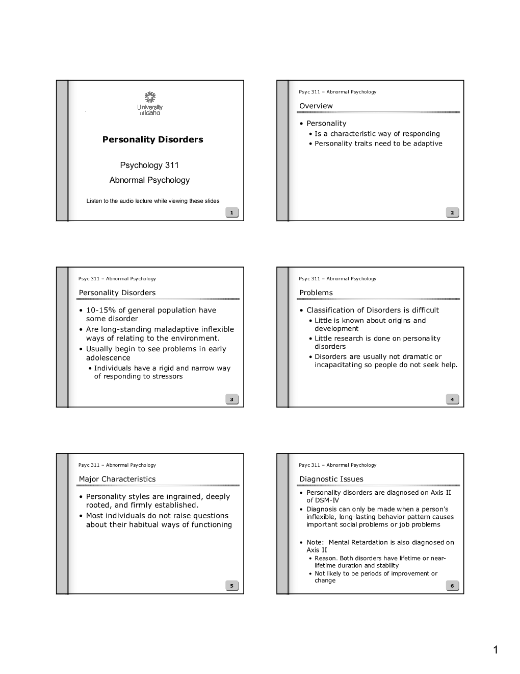 Psychology 311 Abnormal Psychology Personality Disorders