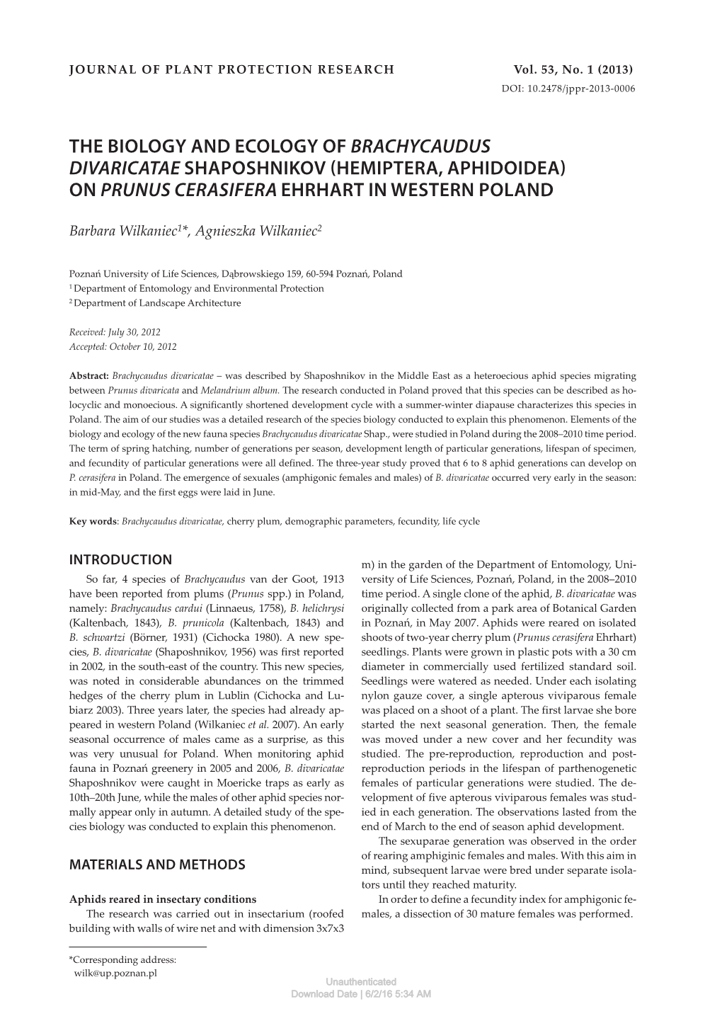 The Biology and Ecology of Brachycaudus Divaricatae Shaposhnikov (Hemiptera, Aphidoidea) on Prunus Cerasifera Ehrhart in Western Poland