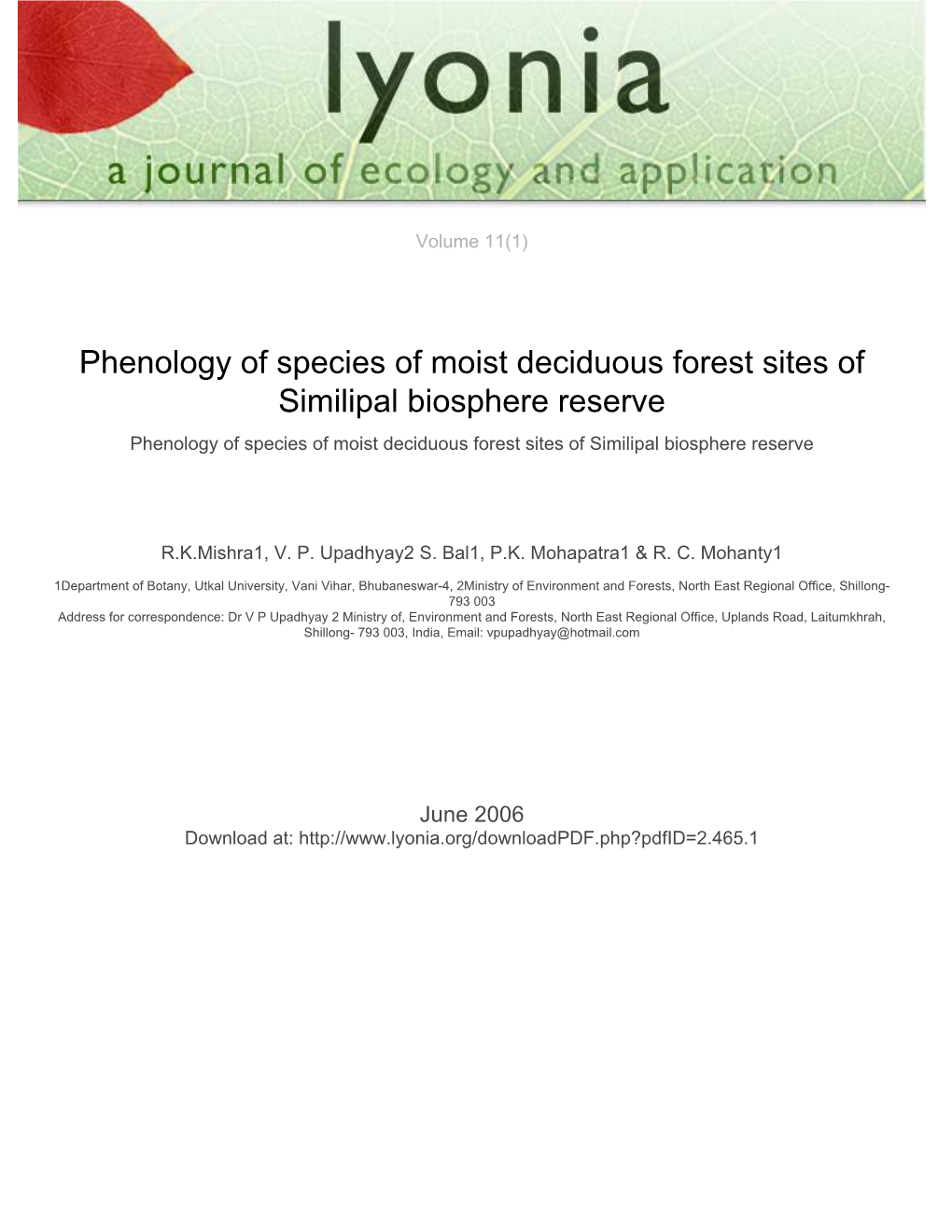 Phenology of Species of Moist Deciduous Forest Sites of Similipal