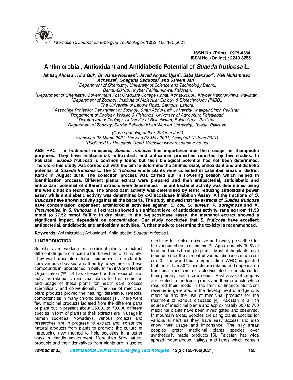 Antimicrobial, Antioxidant and Antidiabetic Potential of Suaeda Fruticosa L