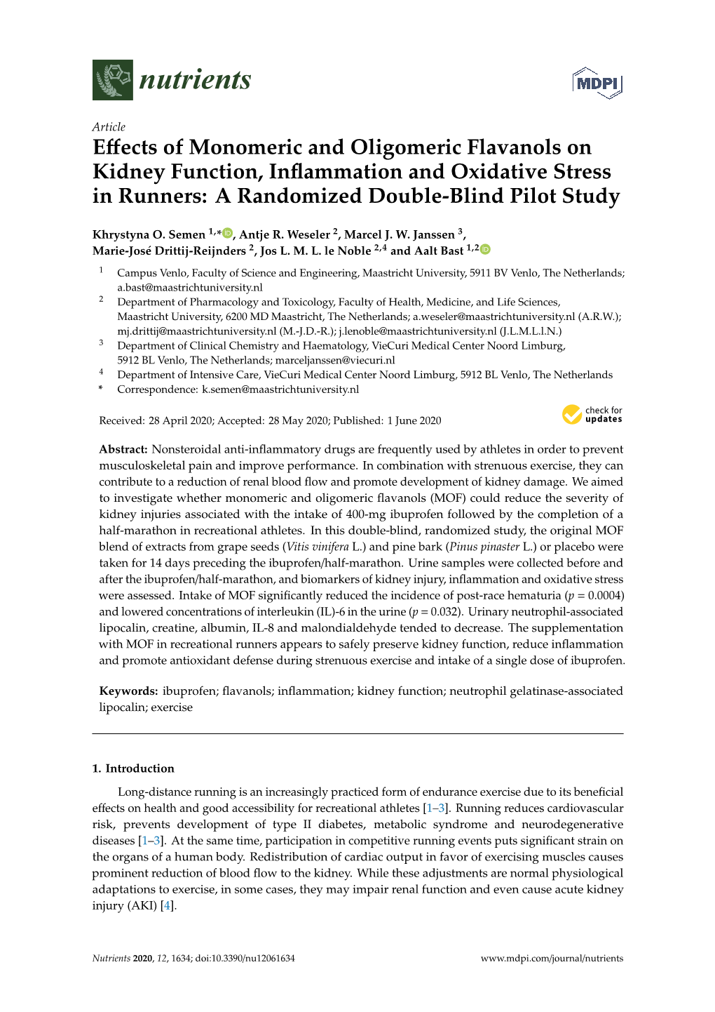 Effects of Monomeric and Oligomeric Flavanols on Kidney Function, Inflammation and Oxidative Stress in Runners