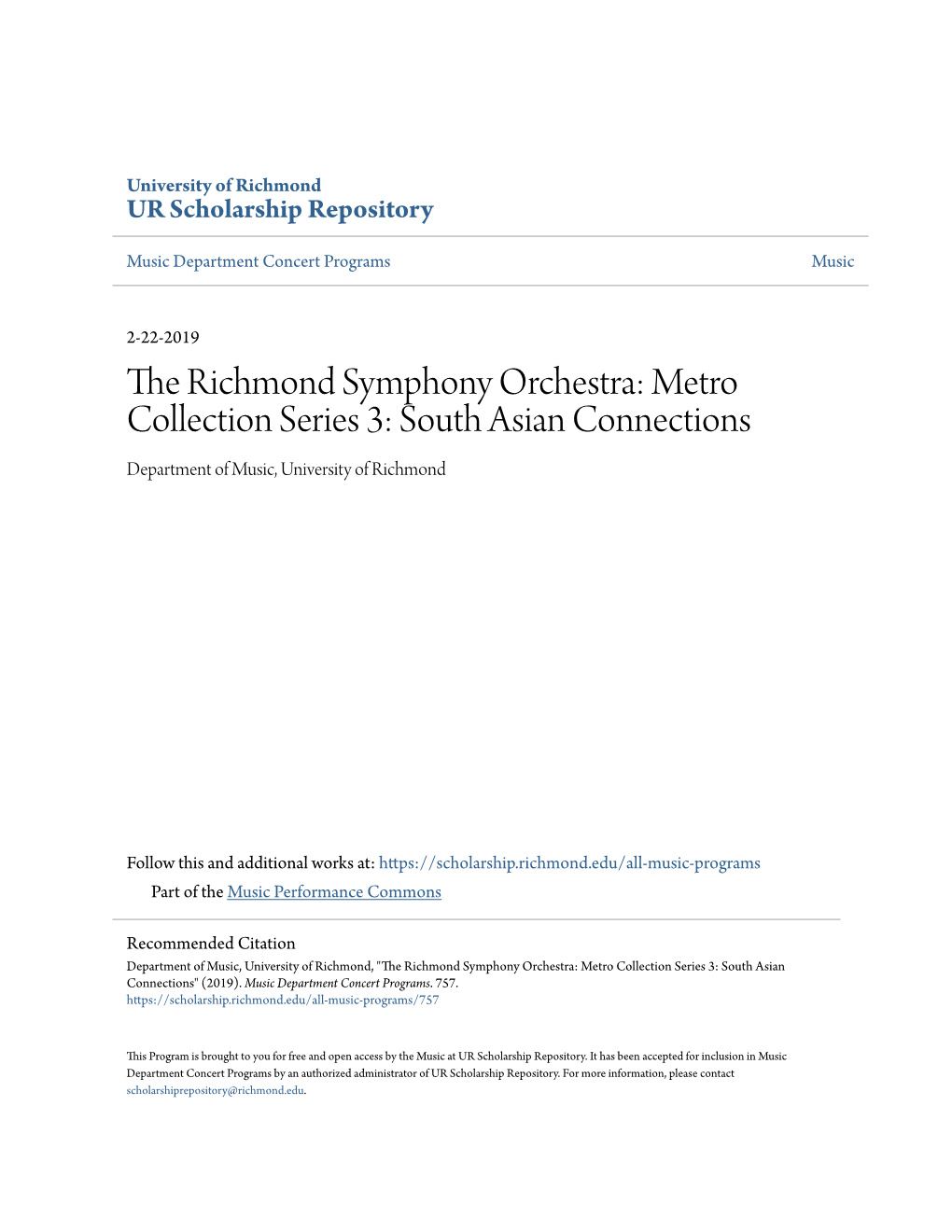 The Richmond Symphony Orchestra: Metro Collection Series 3: South Asian Connections Department of Music, University of Richmond