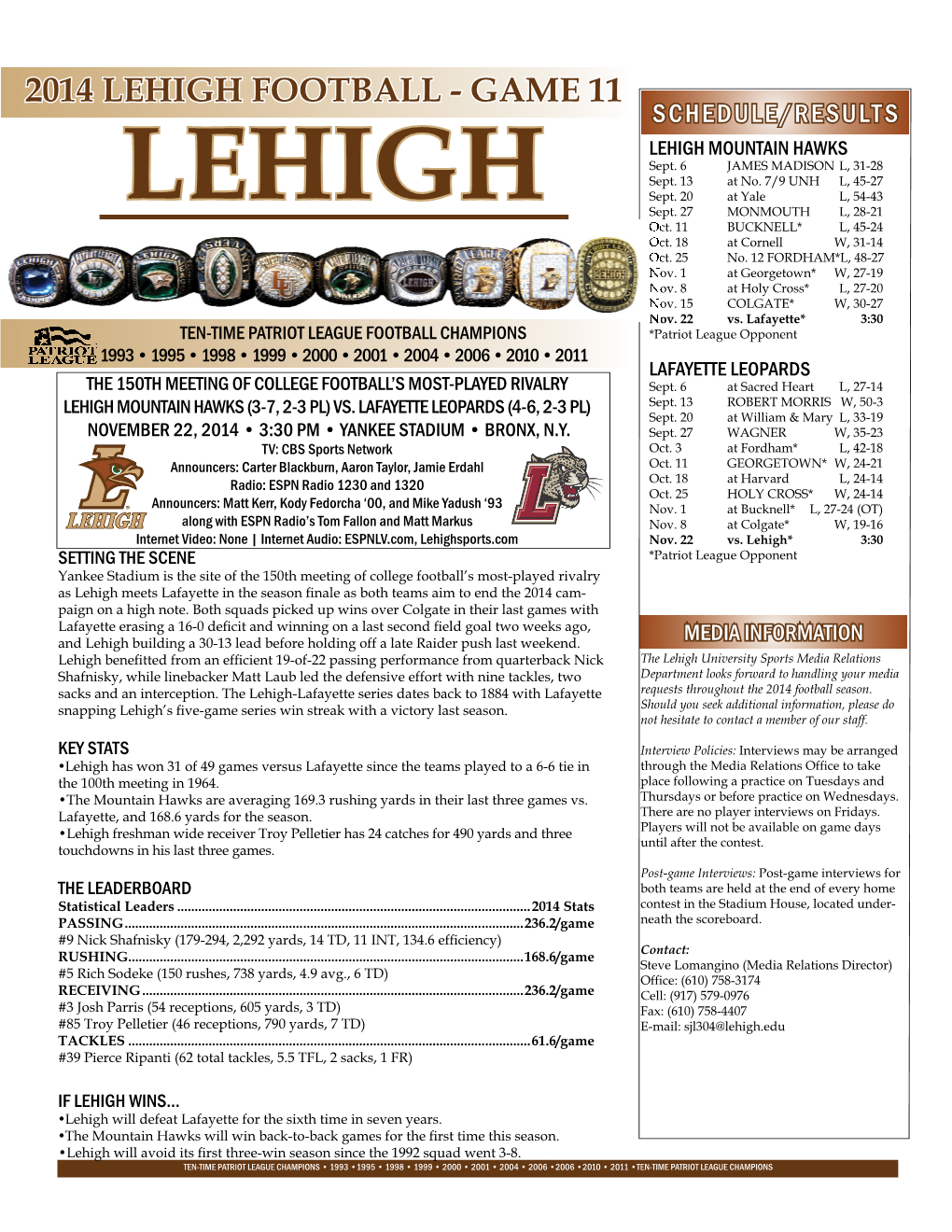 2014 LEHIGH FOOTBALL - GAME 11 SCHEDULE/RESULTS LEHIGH MOUNTAIN HAWKS Sept