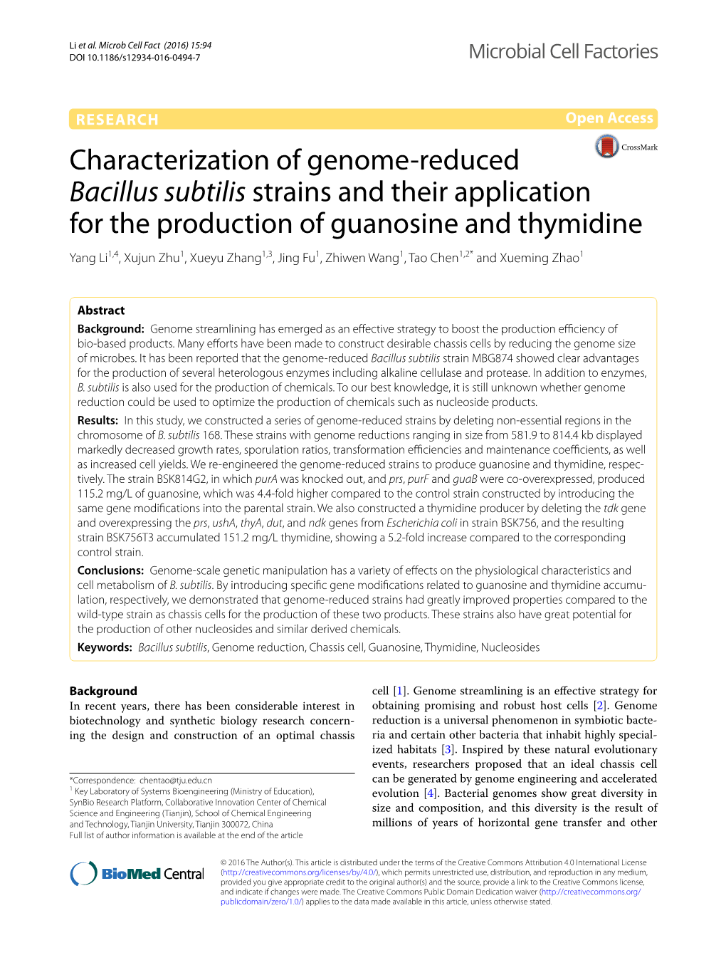 Characterization of Genome-Reduced Bacillus Subtilis Strains and Their Application for the Production of Guanosine and Thymidine